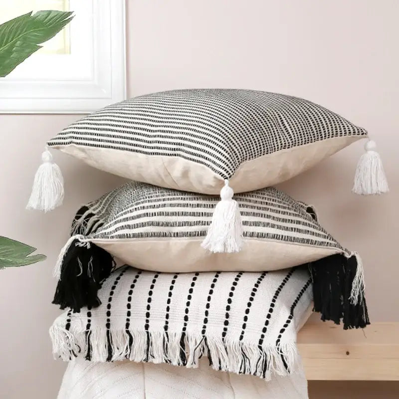 Boho black & white jacquard flower pillow case living room decor