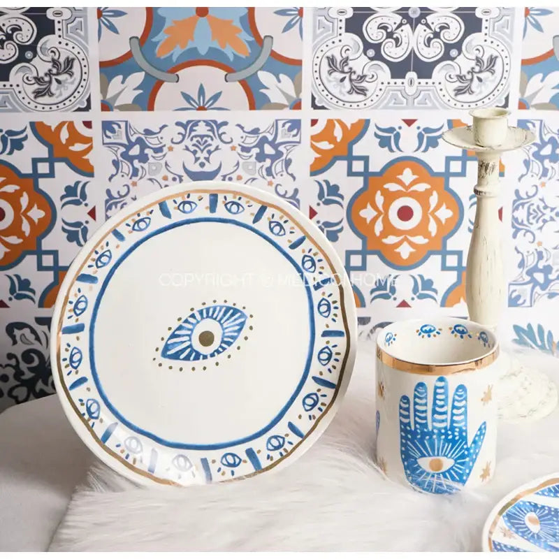 Boho blue and gold bright eyes ceramic dinner plate dining room