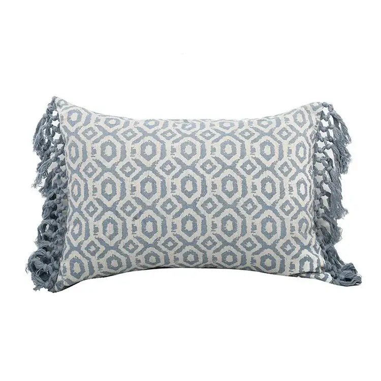 Boho blue & white tassel cushion cover living room pillow