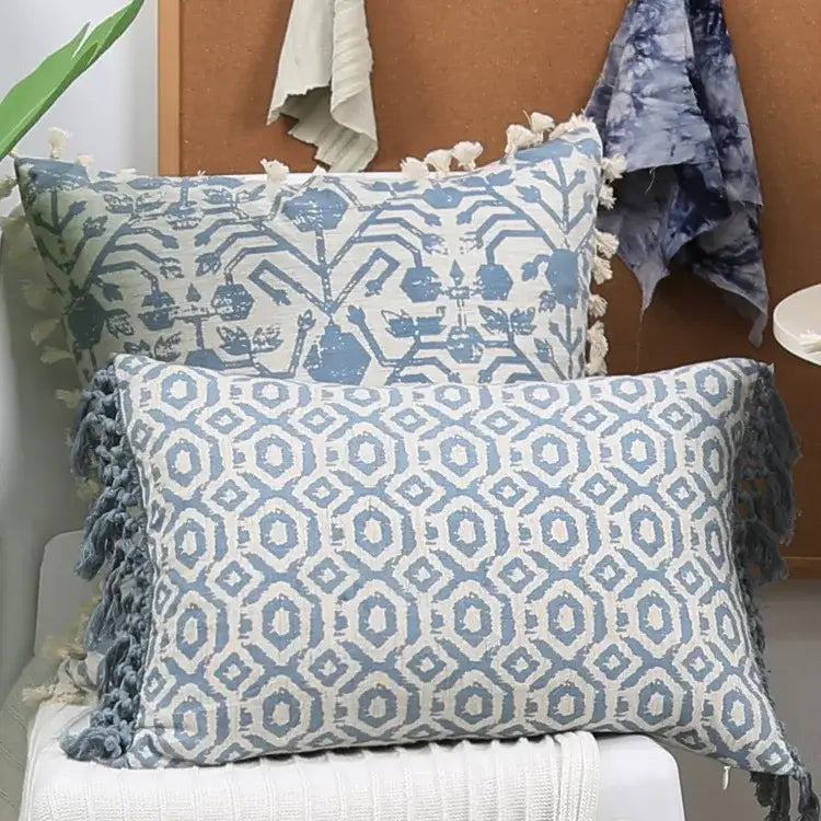 Boho blue & white tassel cushion cover living room pillow
