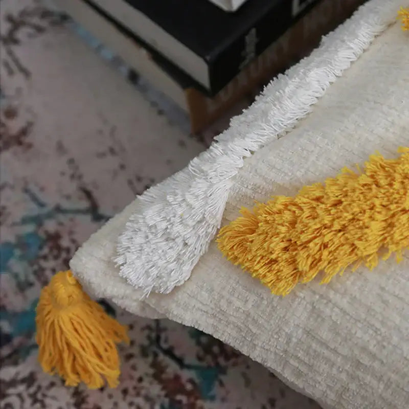 Boho chenille tufted pillow case cream & mustard living room decor