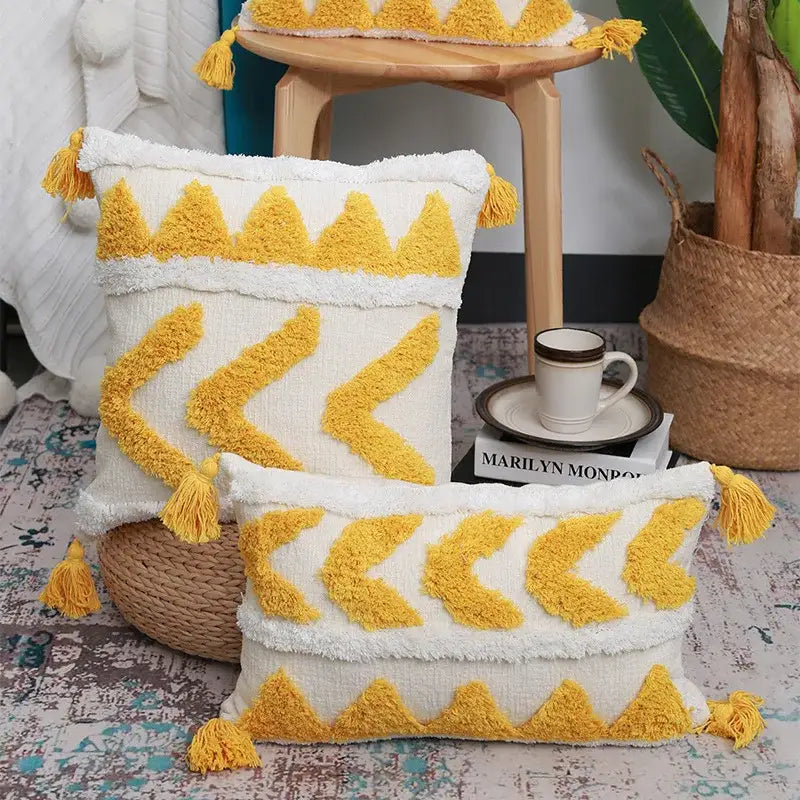 Boho chenille tufted pillow case cream & mustard living room decor