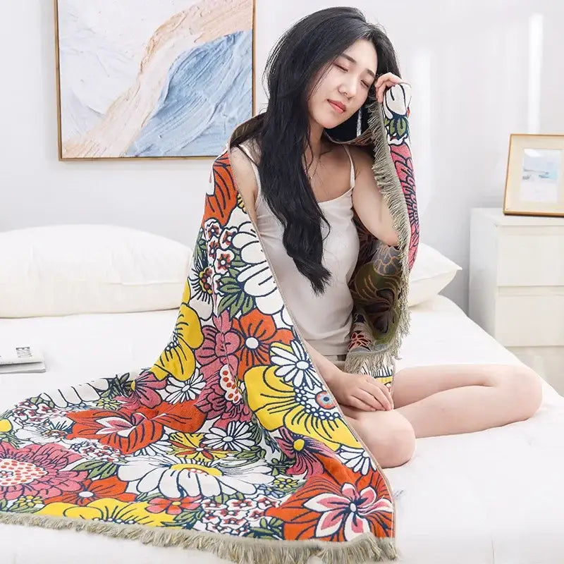 Boho cotton gauze bath towel beige & blue paisley bathroom wrap