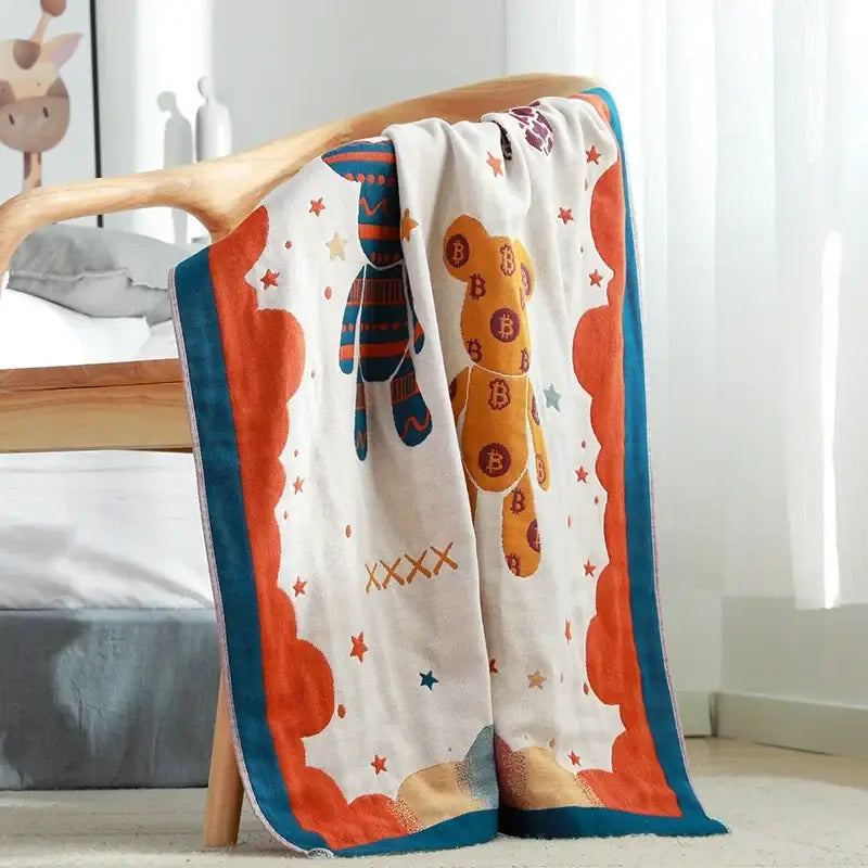 Boho cotton gauze bath towel beige & blue paisley bathroom wrap