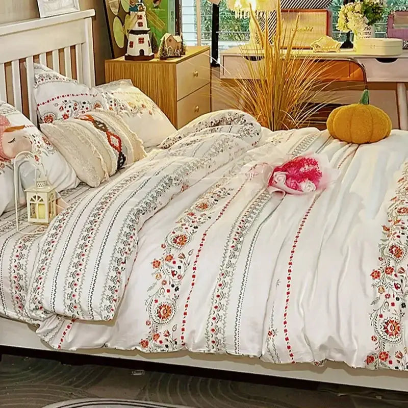 Boho cotton printed cream floral bedding set – bedroom duvet cover