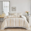Boho cream & beige striped duvet set bedroom pom pom bedding