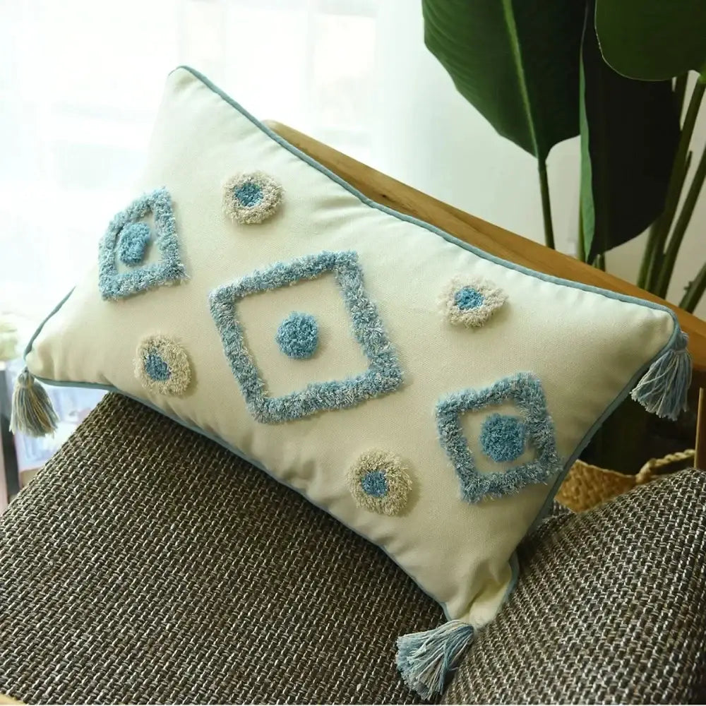 Boho cream & blue diamond cushion cover living room tassels