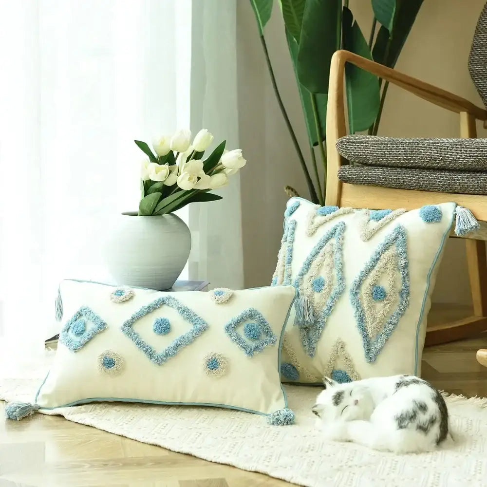 Boho cream & blue diamond cushion cover living room tassels