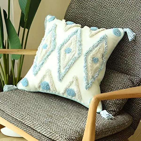 Boho cream & blue diamond cushion cover living room tassels