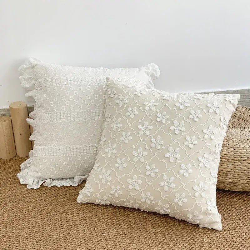 Boho cream lace floral cushion cover living room pom pom pillow