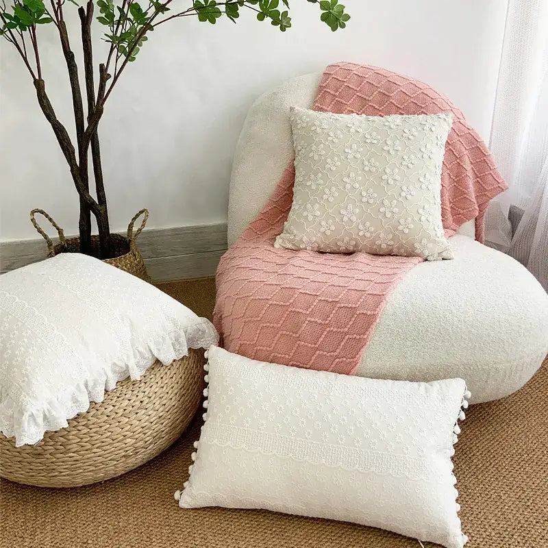 Boho cream lace floral cushion cover living room pom pom pillow