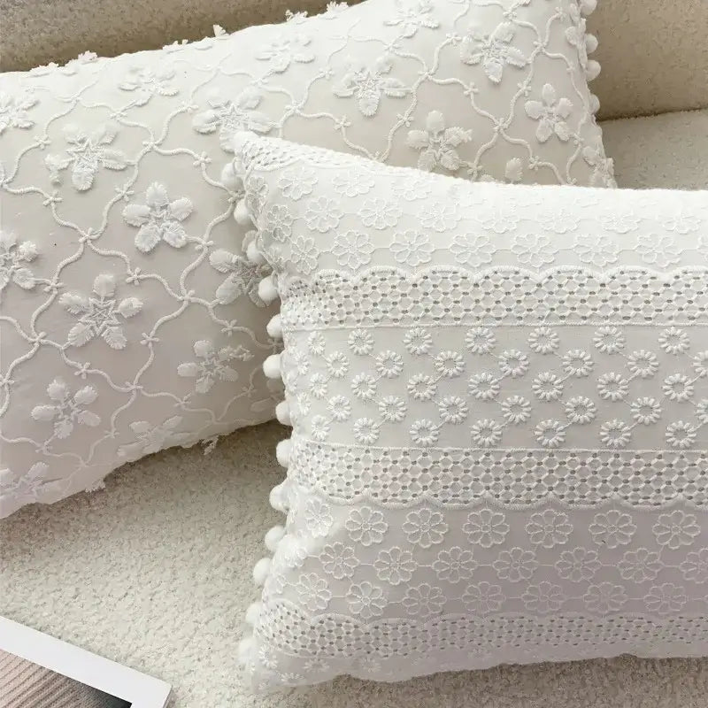Boho cream lace floral cushion cover living room pom pom pillow