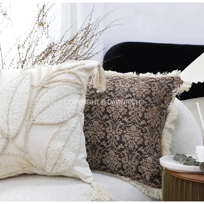 Boho cream leaf geometry tufted cushion cover living room decor