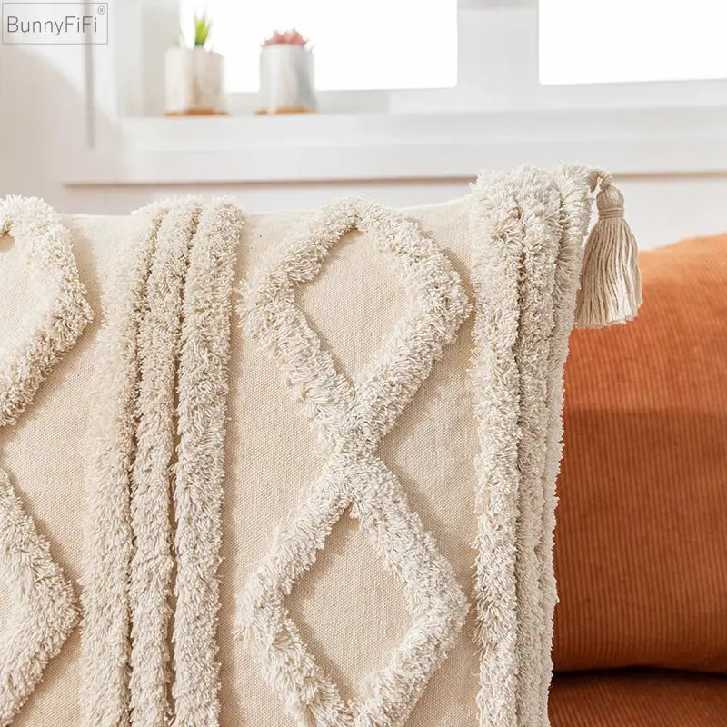 Boho cream textured cotton pillow cover living room tassel decor