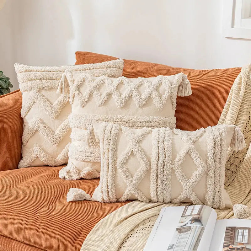 Boho cream textured cotton pillow cover living room tassel decor