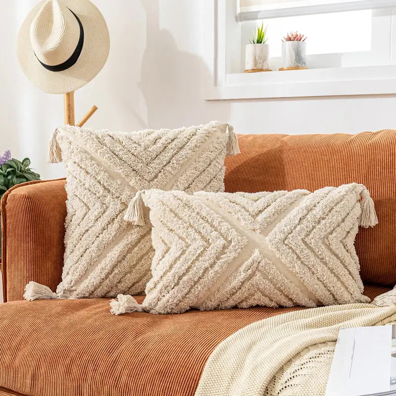 Boho cream textured cotton pillow cover living room tassel decor