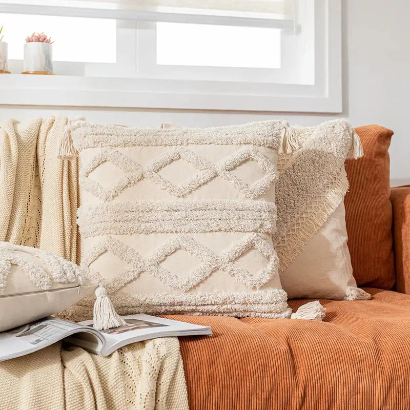 Boho cream textured cotton pillow cover living room tassel decor