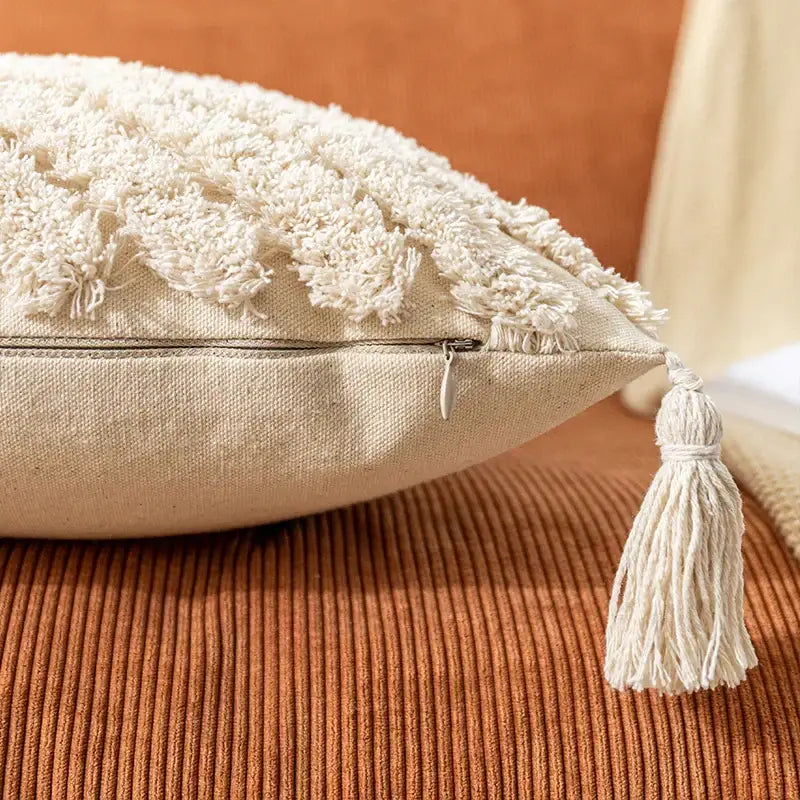Boho cream textured cotton pillow cover living room tassel decor