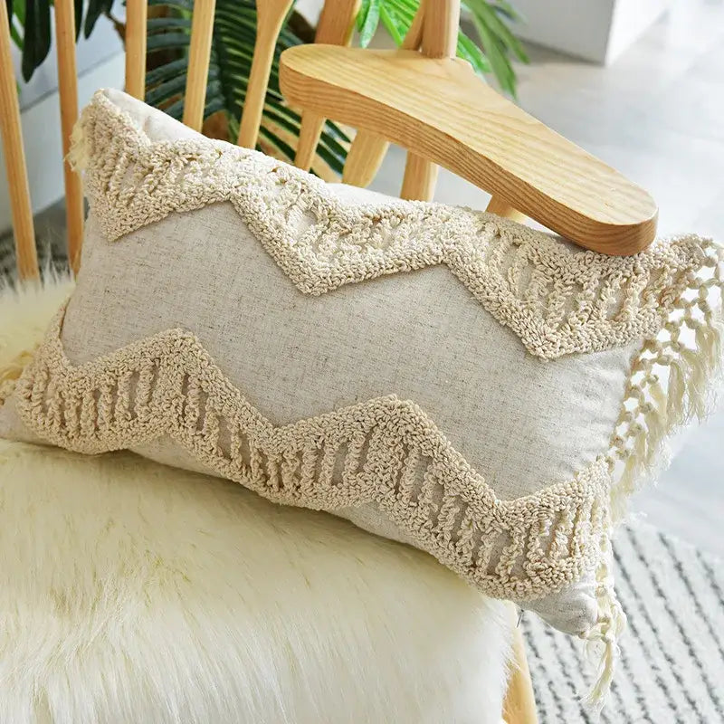 Boho cream textured round lumbar pillow cover set bedroom tassels