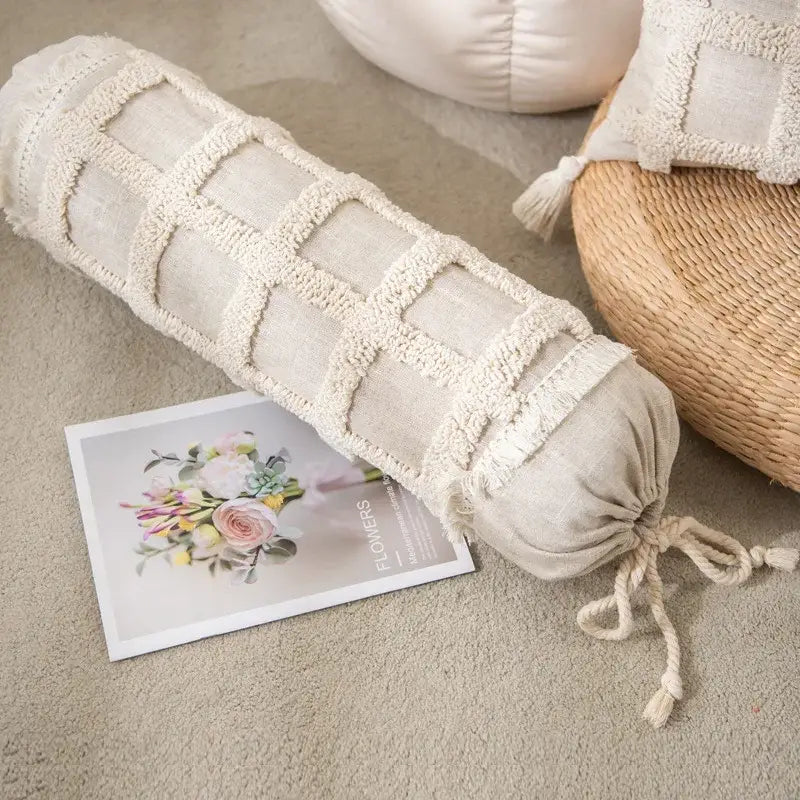 Boho cream textured round lumbar pillow cover set bedroom tassels