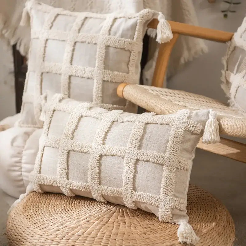 Boho cream textured round lumbar pillow cover set bedroom tassels