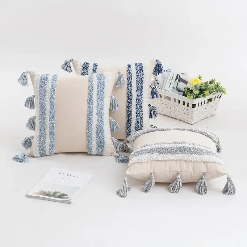 Boho cream tufted cushion cover with tassels for living room