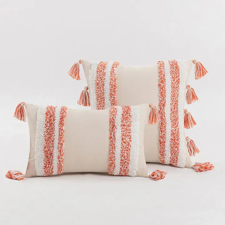 Boho cream tufted cushion cover with tassels for living room