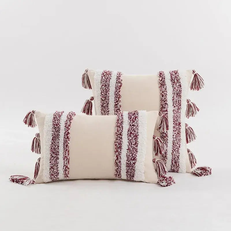 Boho cream tufted cushion cover with tassels for living room