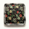 Boho dark floral square seat cushions with gray faux fur trim dining room