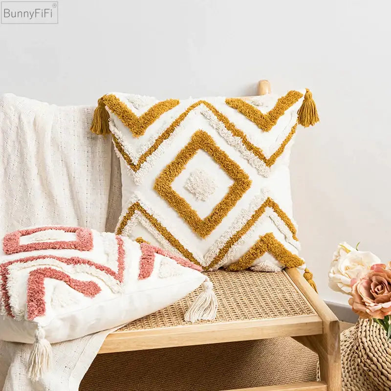Boho diamond cushion covers – living room earthy tassel pillows