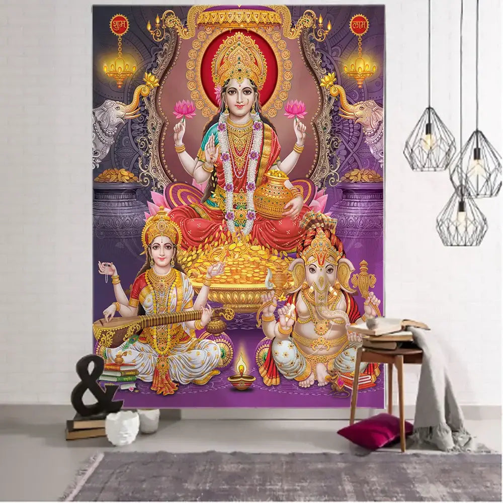 Boho elephant mandala tapestry purple & gold lakshmi bedroom decor