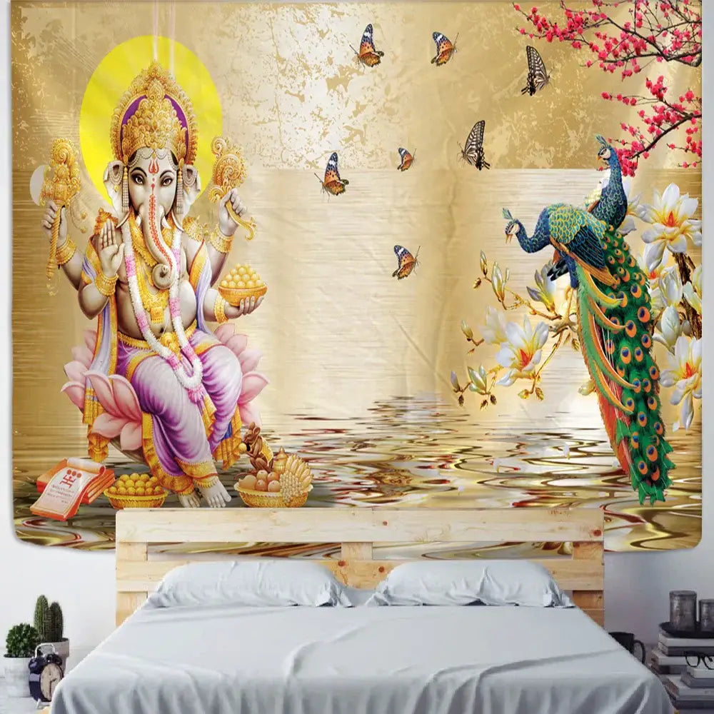 Boho elephant mandala tapestry purple & gold lakshmi bedroom decor