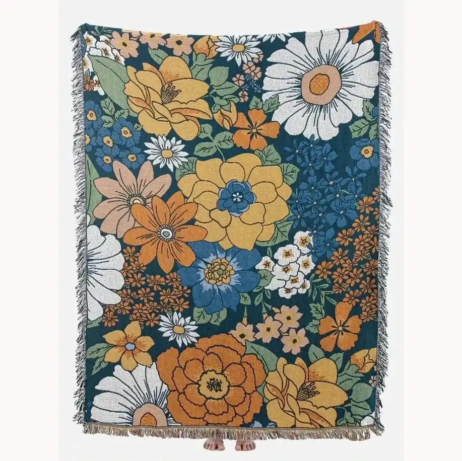 Boho floral cotton blanket navy blue & orange living room throw