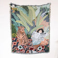 Boho floral cotton blanket navy blue & orange living room throw
