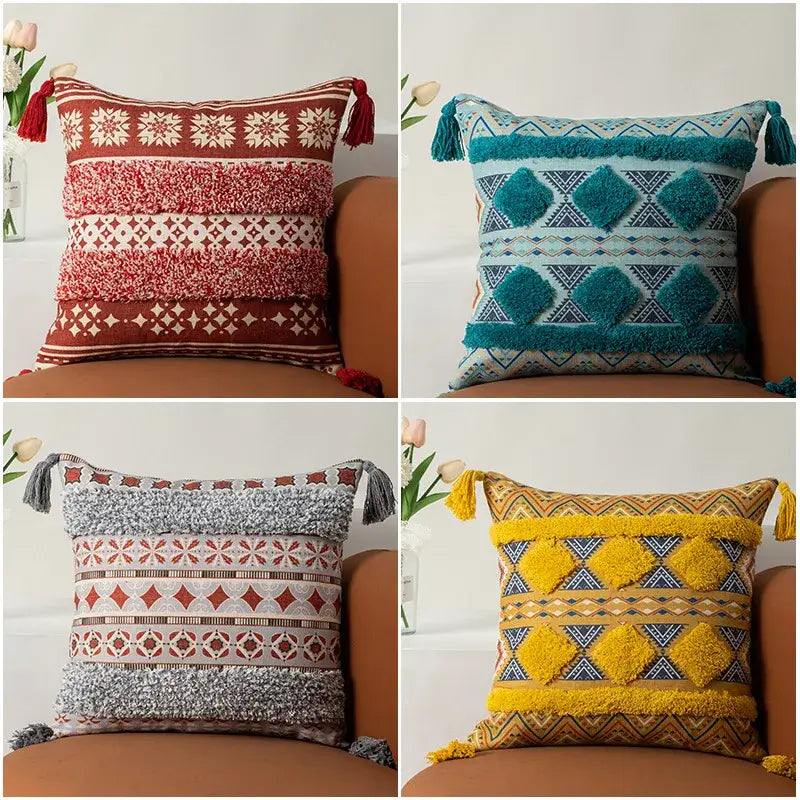 Housses de coussin bohèmes à franges jaunes et multicolores pour salon
