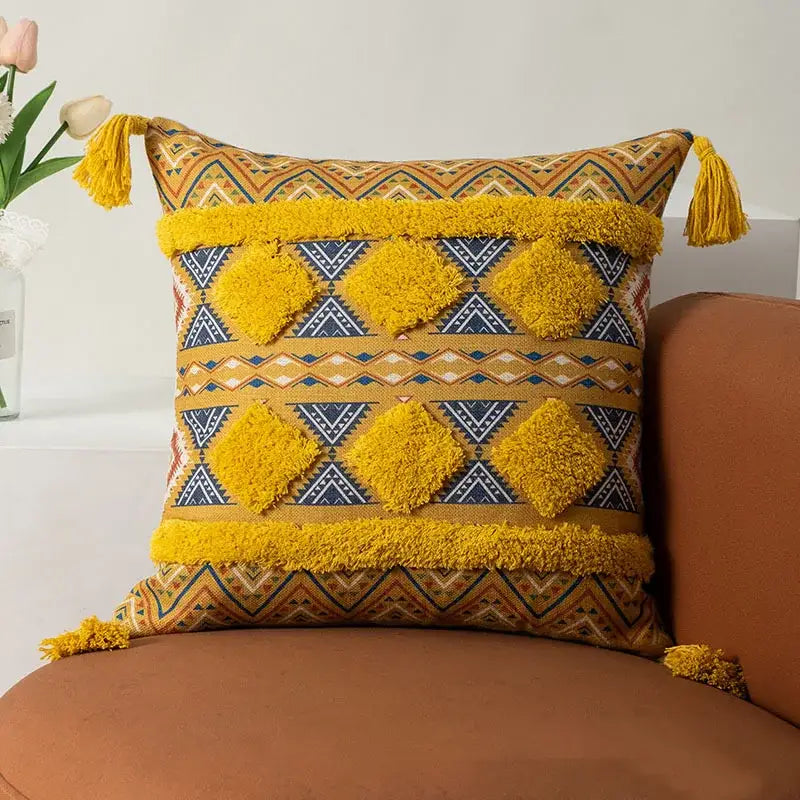 Housses de coussin bohèmes à franges jaunes et multicolores pour salon