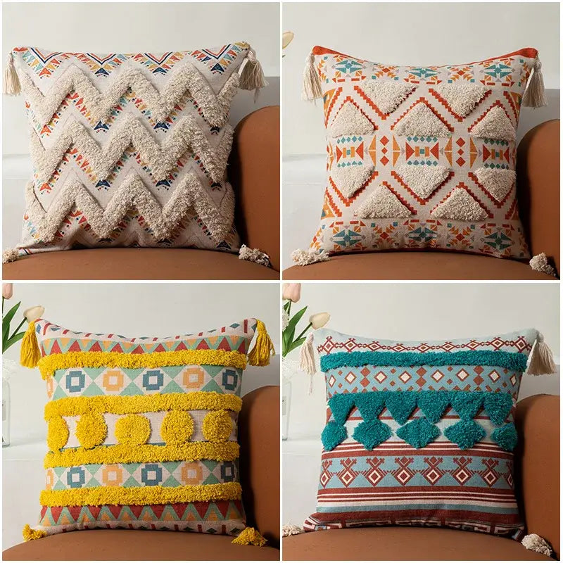 Housses de coussin bohèmes à franges jaunes et multicolores pour salon