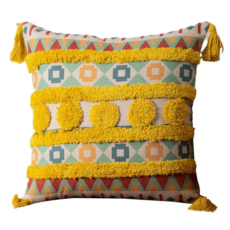 Housses de coussin bohèmes à franges jaunes et multicolores pour salon