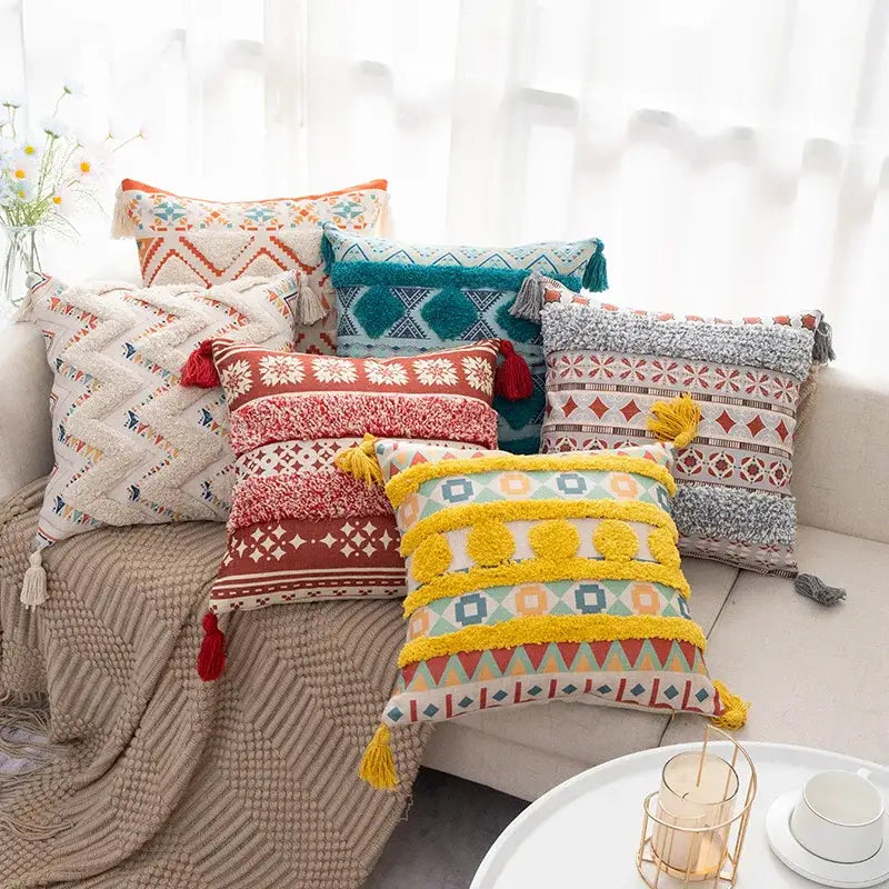 Housses de coussin bohèmes à franges jaunes et multicolores pour salon