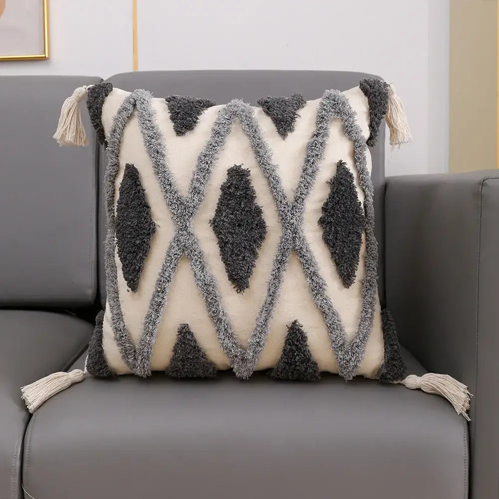Boho geometric tufted cushion cover cream & gray living room pillow