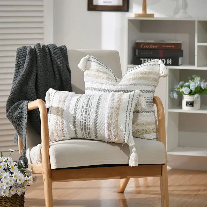 Boho geometric tufted cushion cover cream & gray living room pillow