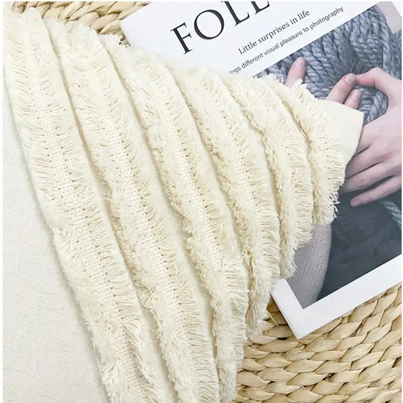 Boho geometry fringed cream cushion cover living room pillow