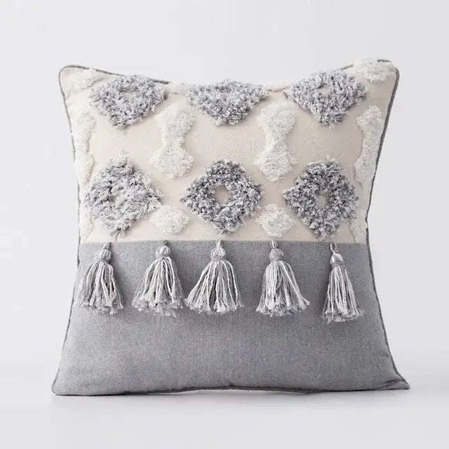 Boho gray & white tufted cushion cover living room tassel decor