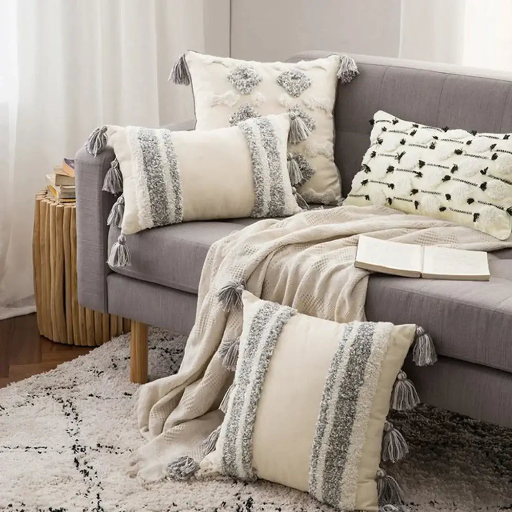 Boho gray & white tufted cushion cover living room tassel decor