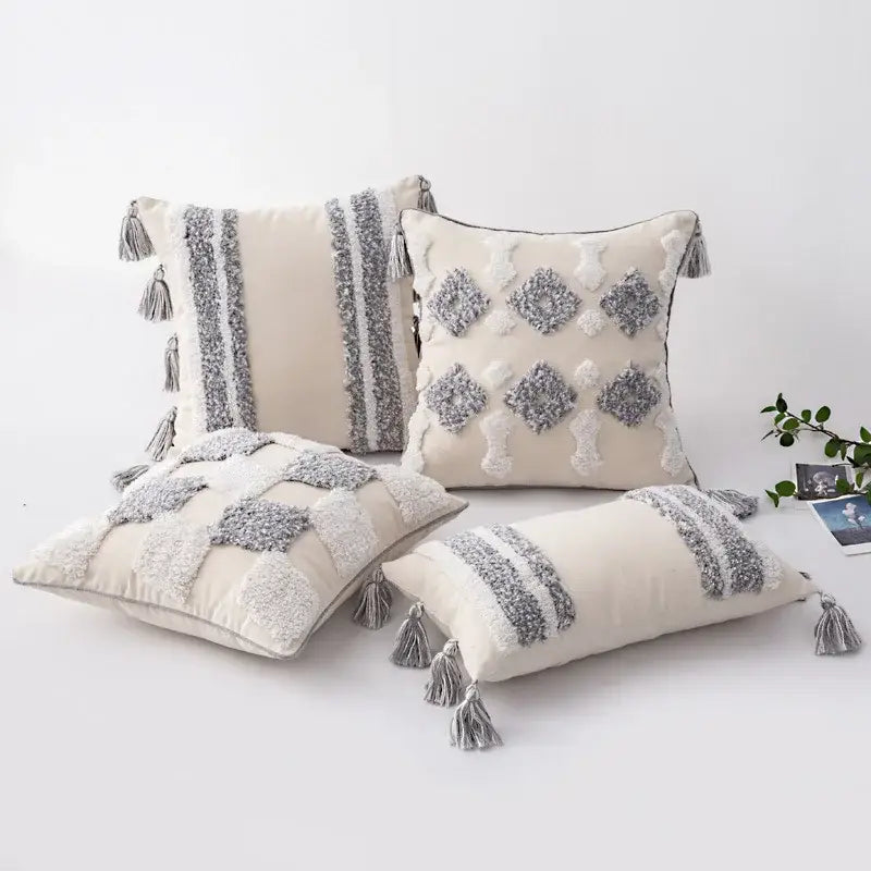 Boho gray & white tufted cushion cover living room tassel decor
