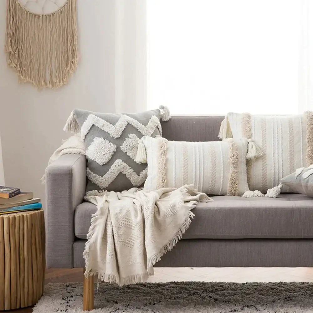 Boho gray & white tufted cushion cover living room tassel decor