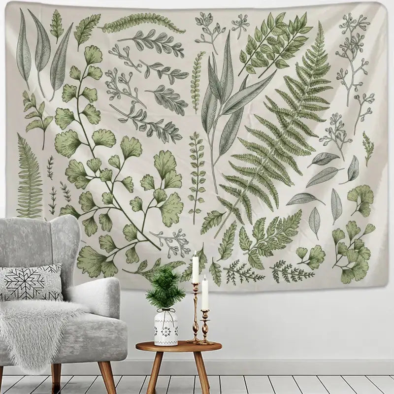 Boho green & gray botanical tapestry wall hanging bedroom decor