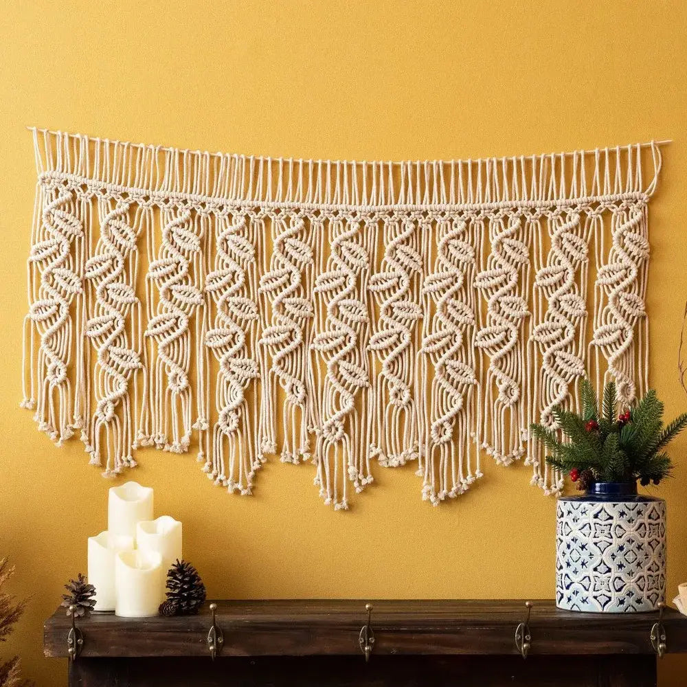 Boho macrame tapestry curtain cream leaf pattern bedroom decor