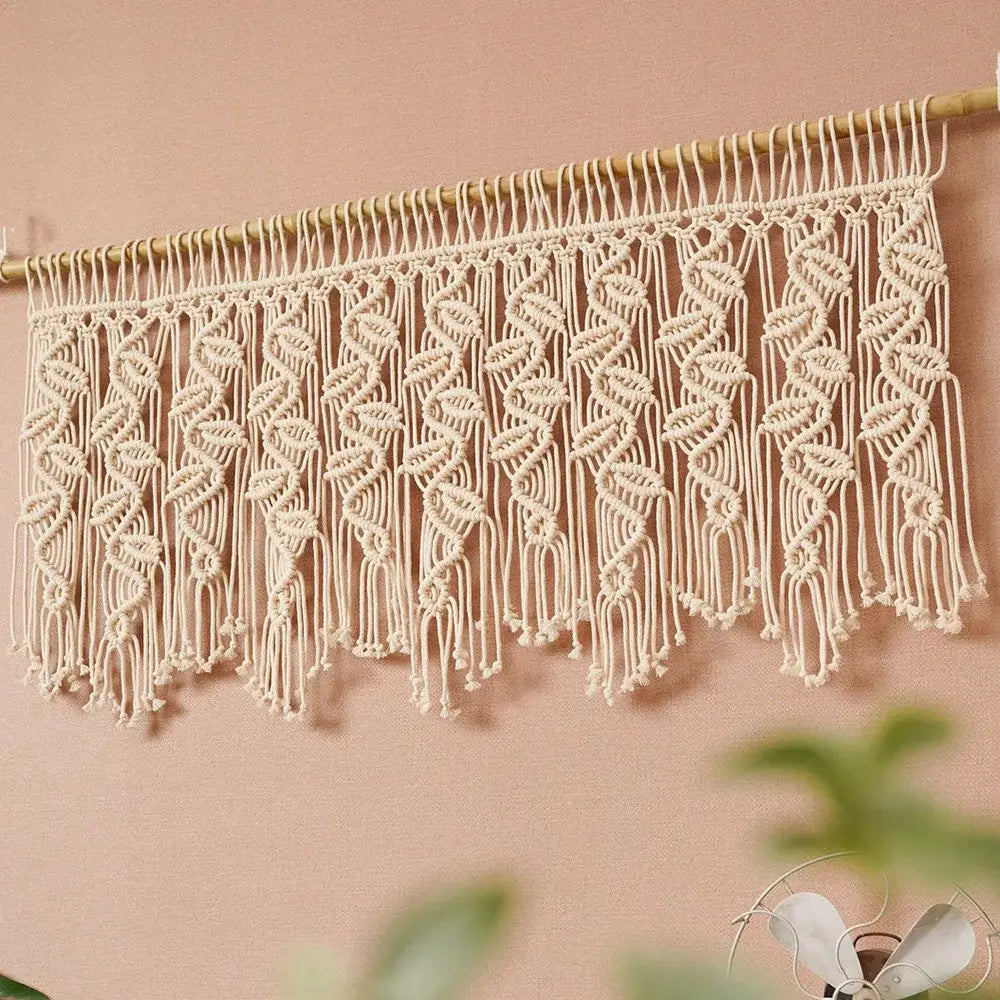 Boho macrame tapestry curtain cream leaf pattern bedroom decor