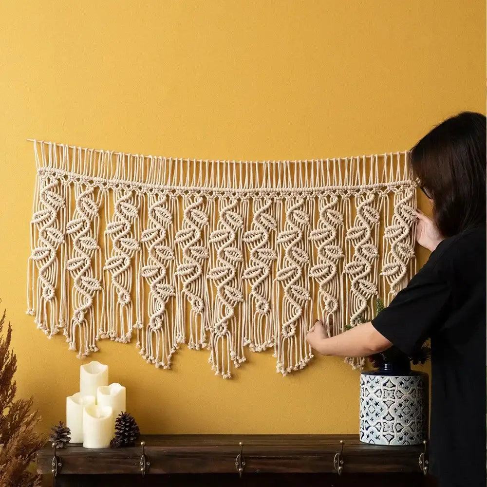 Boho macrame tapestry curtain cream leaf pattern bedroom decor